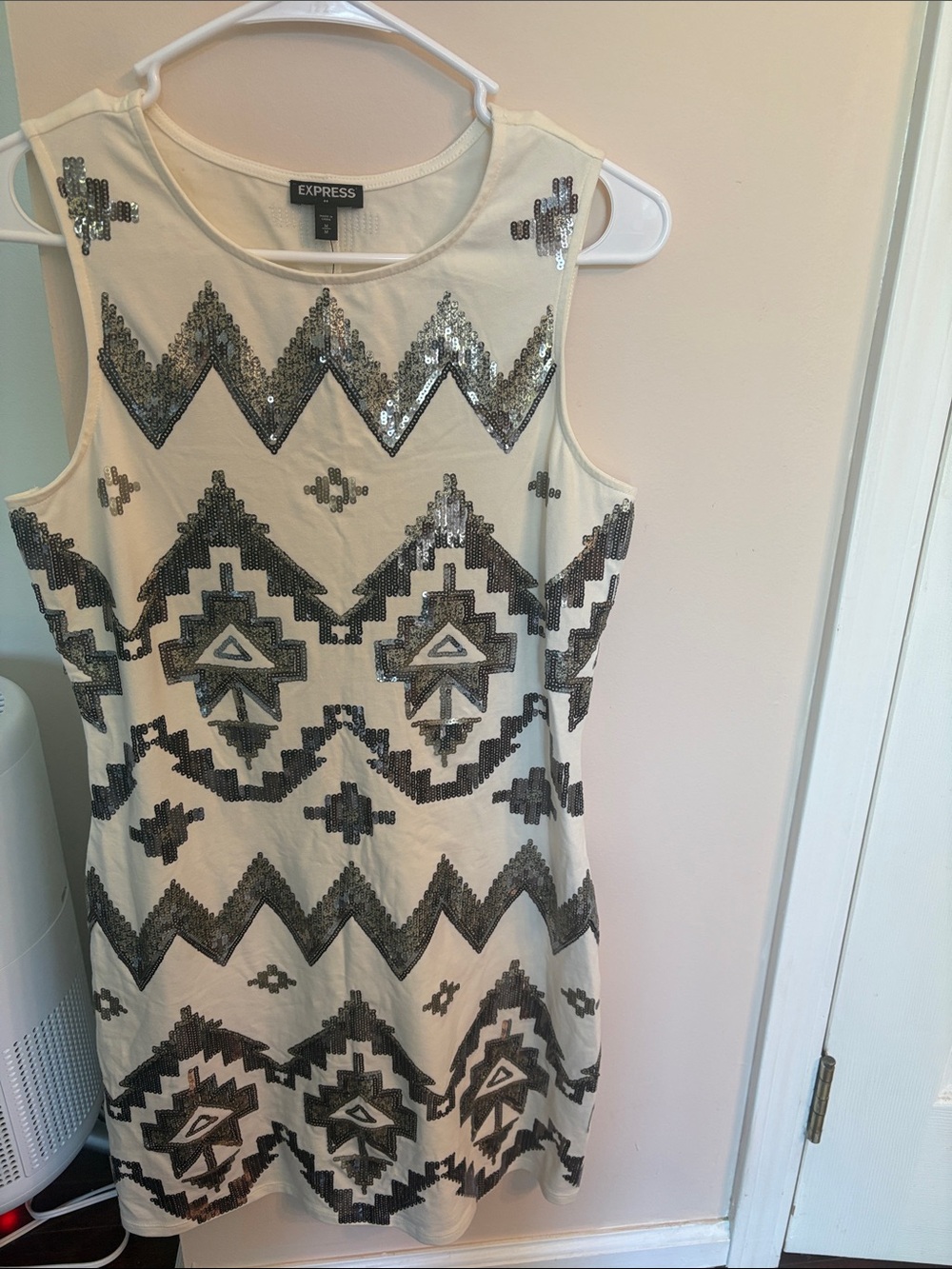 Express Cream Dress with Silver Sequin Aztec Design